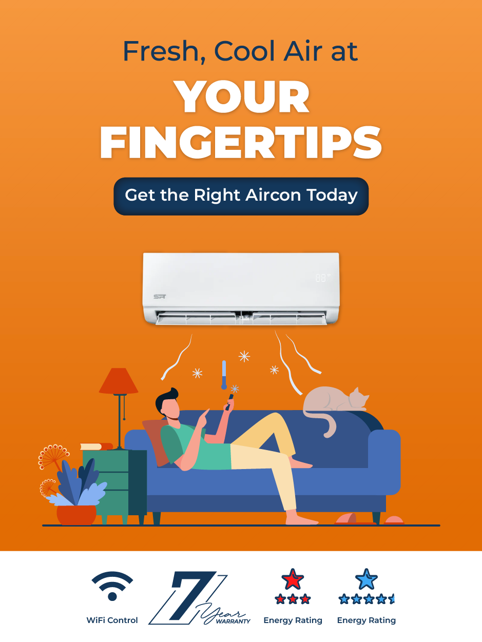 mobile banner image of aircon with the text fresh, cool air is at your fingertips text written on it. showing feature like smart wifi control, 7 year warranty, and energy star rating