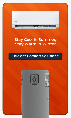 lead from image showing heat pump and aircon product to attract customer text written on stay cool in summer and stay warm in winter