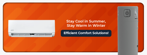 mobile lead from image showing heat pump and aircon product to attract customer text written on stay cool in summer and stay warm in winter