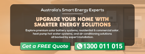 Mobile promotional banner for complete home energy solutions featuring solar battery, heat pump hot water system, rooftop solar panels and free quote offer.
