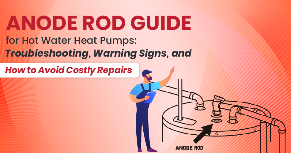 Visual representation of a hot water heat pump with a highlighted anode rod and a technician pointing to it