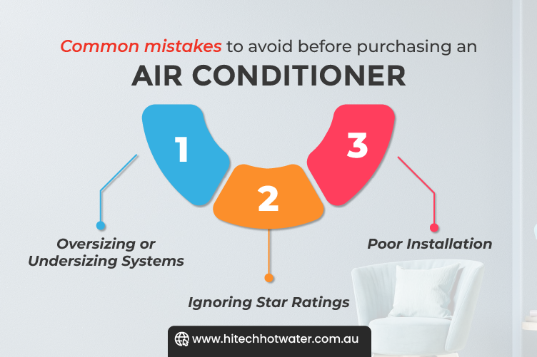 Infographic image highlighting three common mistakes when buying an air conditioner: oversizing, ignoring star ratings, and poor installation