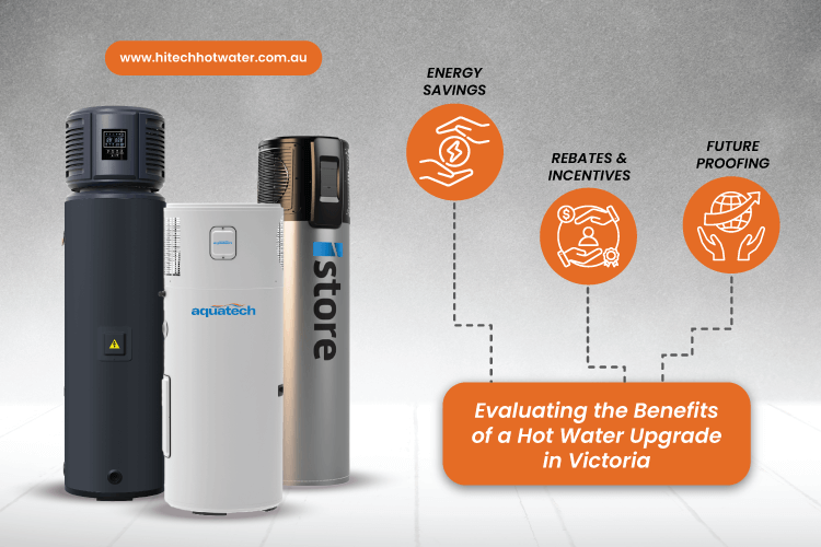 Three heat pump units with text overlay reading Evaluating the benefits of a hot ewater upgrade in Victoria
