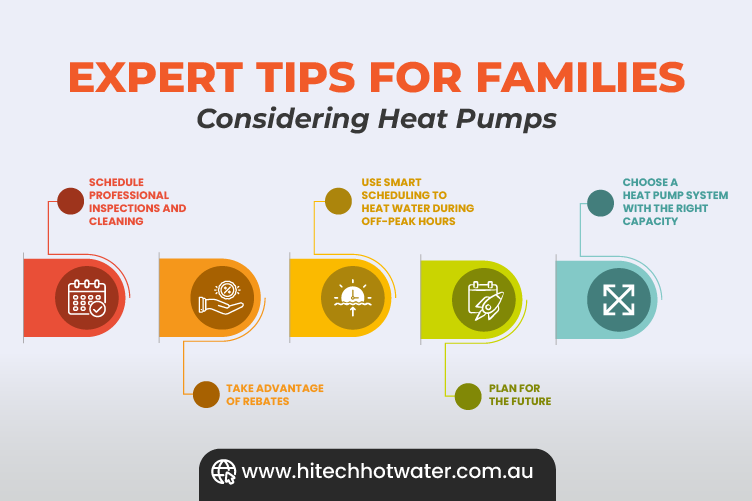 infographic image with text highlight expert tips for families when selecting a heat pump system