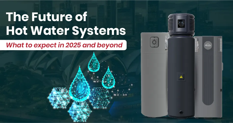 An image showcasing the future of hot water systems, featuring various hot water heat pumps and highlighting what to expect in 2025 and beyond