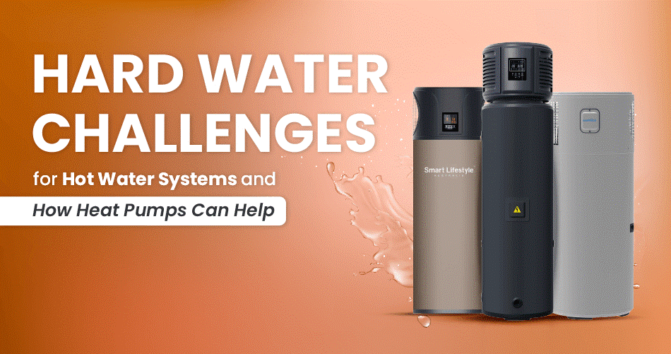 image showing heat pumps with hard water image in the background text with hard water challenges for hot water systems and how heat pumps can help banner