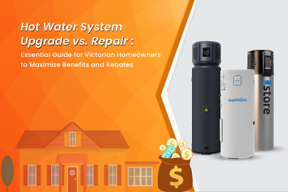 Image with three heat pumps and a Victorian house in the background. Text overlay reads: 'Hot Water System Upgrade vs. Repair: Essential Guide for Victorian Homeowners to Maximize Benefits and Rebates.' thumbnail