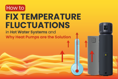 A thermometer with fluctuating temperatures alongside a heat pump indicating Heat pumps provide stable hot water temperatures thumbnail