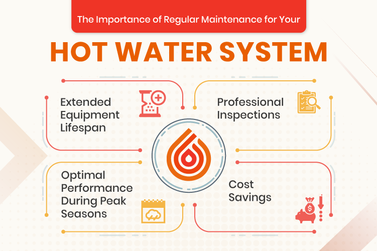 Infographic image showing the importance of regular maintenance for your hot water system text with extended equipment lifespan, professional inspections, optimal performance during peak seasons, cost savings