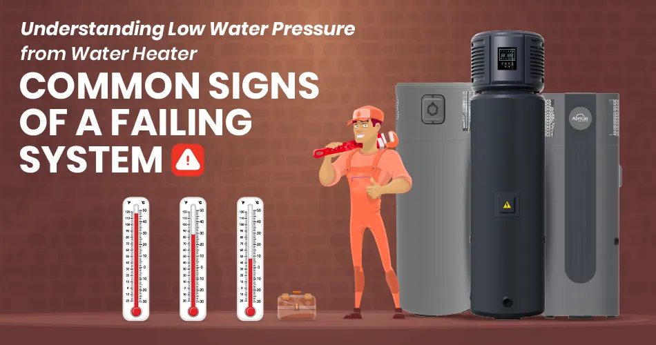 A plumber stands next to different types of heat pump water heaters, pointing out common signs of a failing water heater system