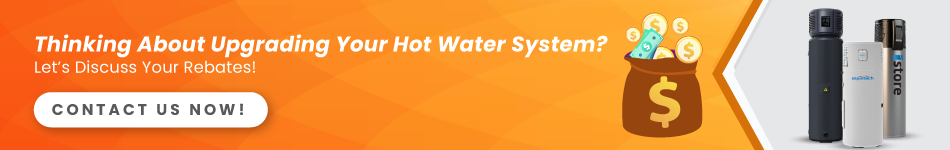 Image of a three heat pumps, and text overlay reading: 'Thinking About Upgrading Your Hot Water System? Let’s Discuss Your Rebates! Contact Us Now!