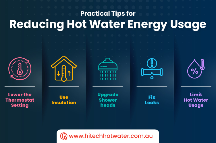 infographic image showing practical tips for reducing hot water energy usage like Lower thermostat setting, use insulate pipes, upgrade showerheads, fix leaks, and limit hot water usage