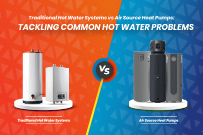 Comparison image of a traditional water heater and a modern air source heat pump. The image includes text tackling common hot water problems thumbnail