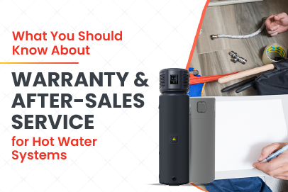 Informative graphic detailing essential warranty and after-sales service information for hot water systems