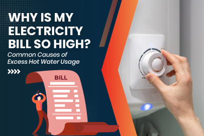 A person looking frustrated at a high electricity bill, with a water heater in the background. Text reads 