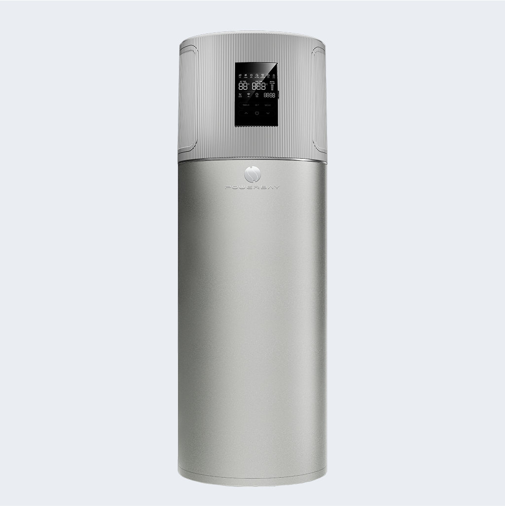 A silver  300L water heater equipped with a digital display, showcasing its advanced features and functionality