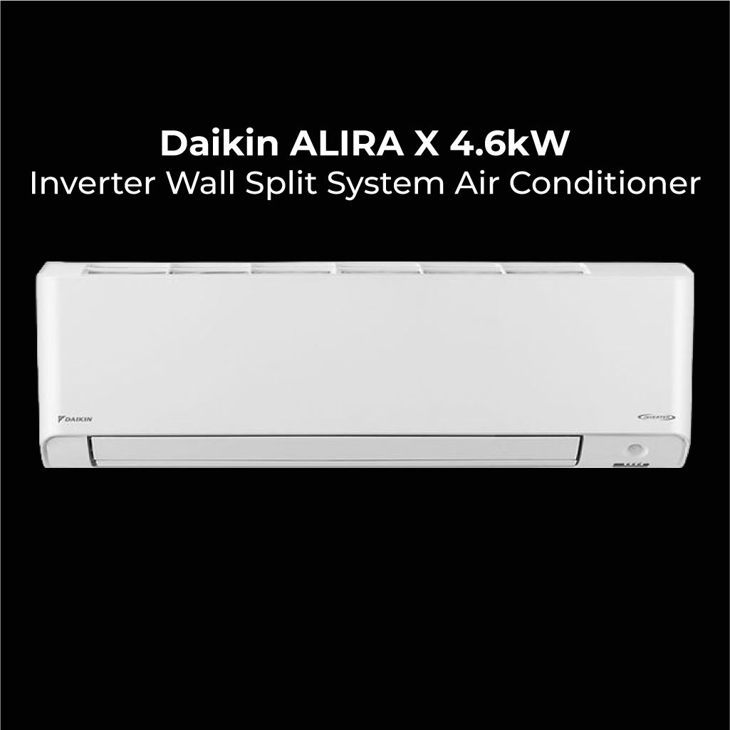 A front view of a white Daikin Alira X Inverter Wall Split System Air Conditioner against a black background. The text above the unit reads Daikin ALIRA X 4.6kW Inverter Wall Split System Air Conditioner.