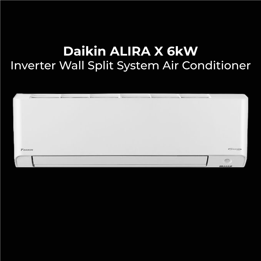 Frontal view of a Daikin Alira X split system air conditioner. The image features white text on a black background reading Daikin ALIRA X 6kW Inverter Wall Split System Air Conditioner.