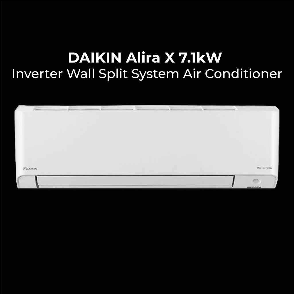 A white Daikin Alira X indoor air conditioning unit. The text centered above the unit specifies the model as the Daikin 7.1kW ALIRA X Inverter Wall Split System Air Conditioner.