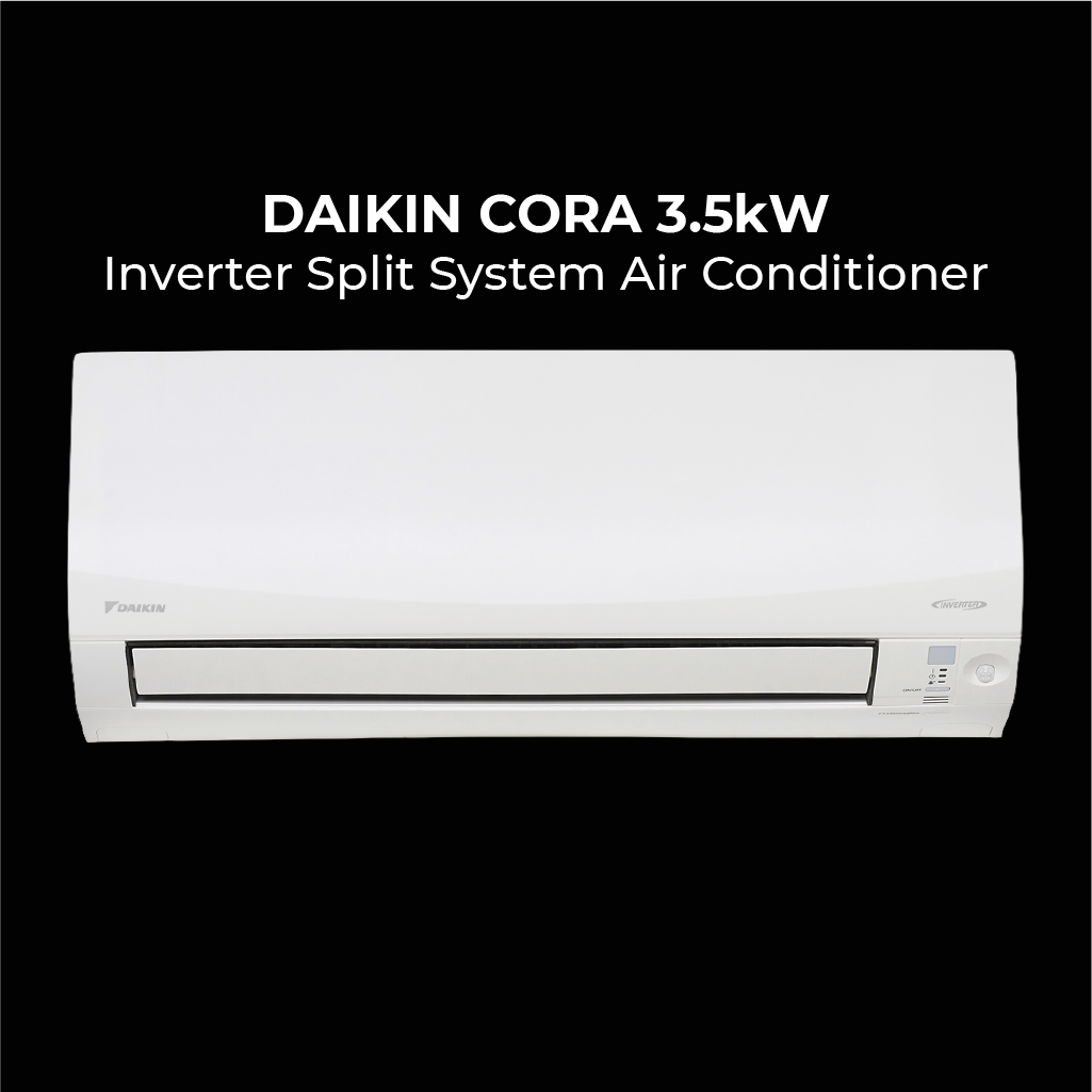 Front view of a white Daikin Cora 3.5kW Inverter Split System Air Conditioner against a black background with bold white product text above the unit.