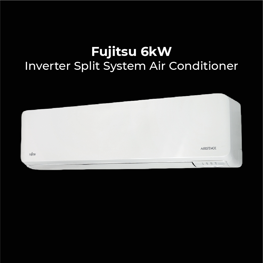 Fujitsu 6kW Inverter Split System Air Conditioner. A professional studio shot of the white indoor unit, highlighting its modern, minimalist design.