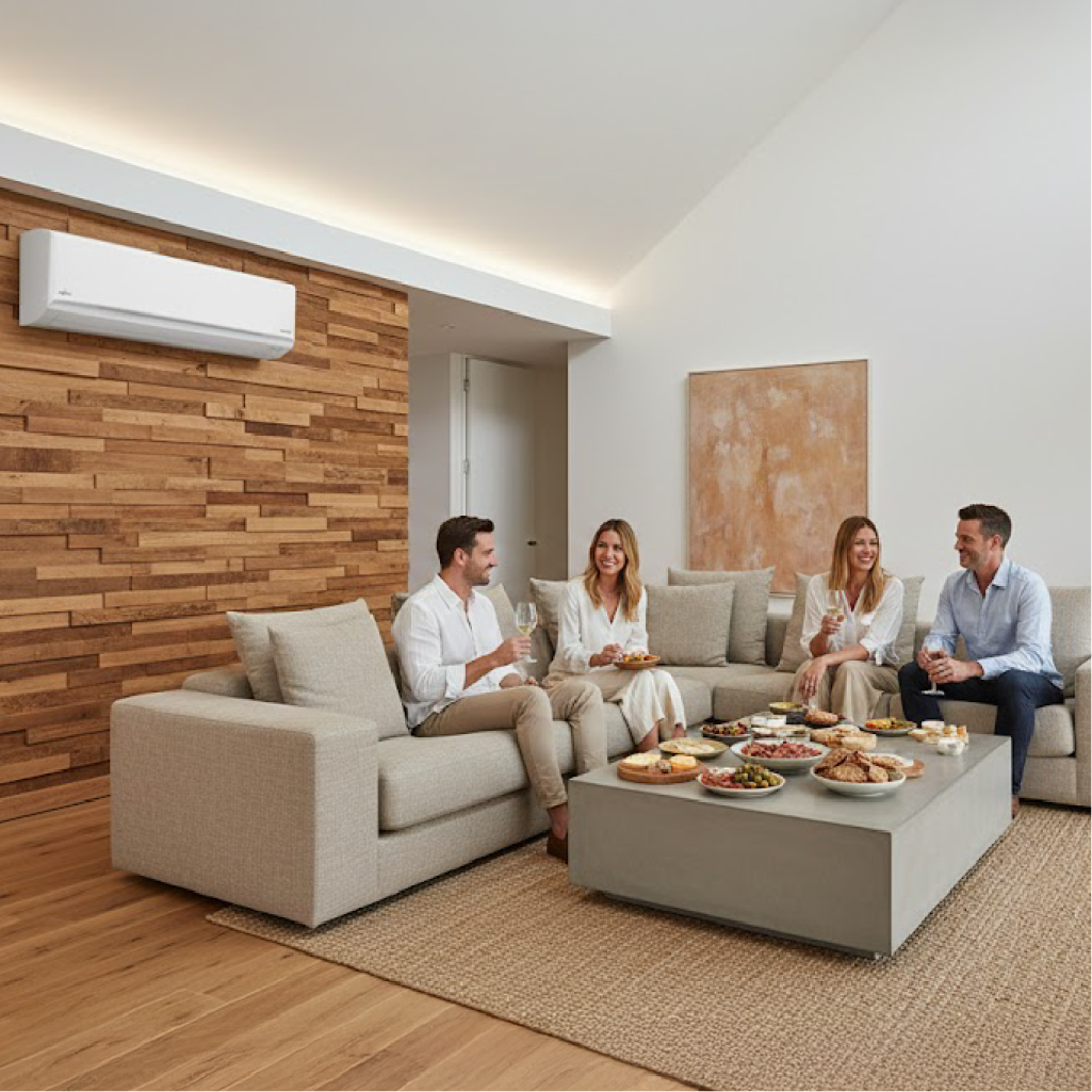 Four friends enjoying drinks and snacks on a sofa with a wall mounted air conditioner above.