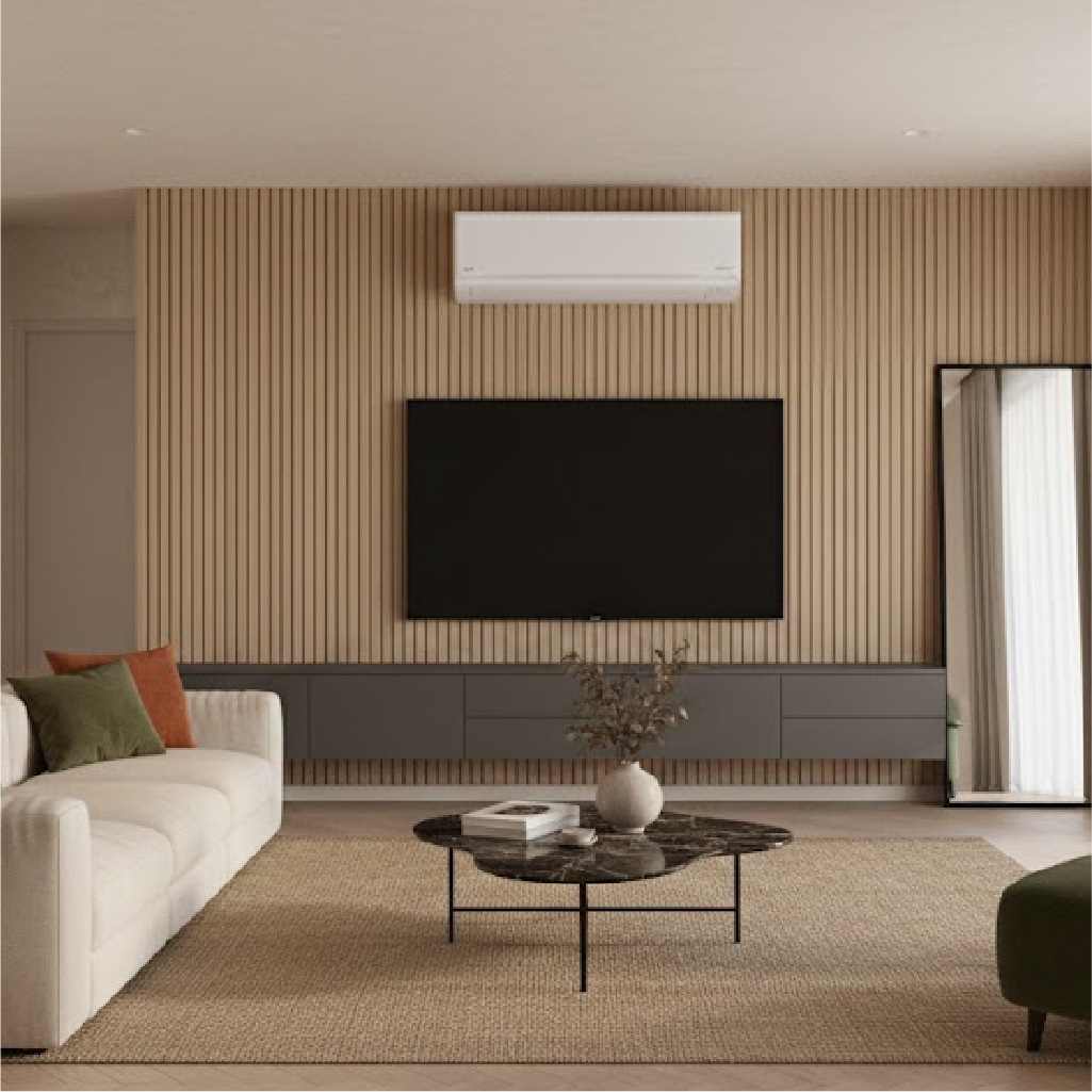 A minimalist living room with a TV mounted on a slatted wood wall below an air conditioner.
