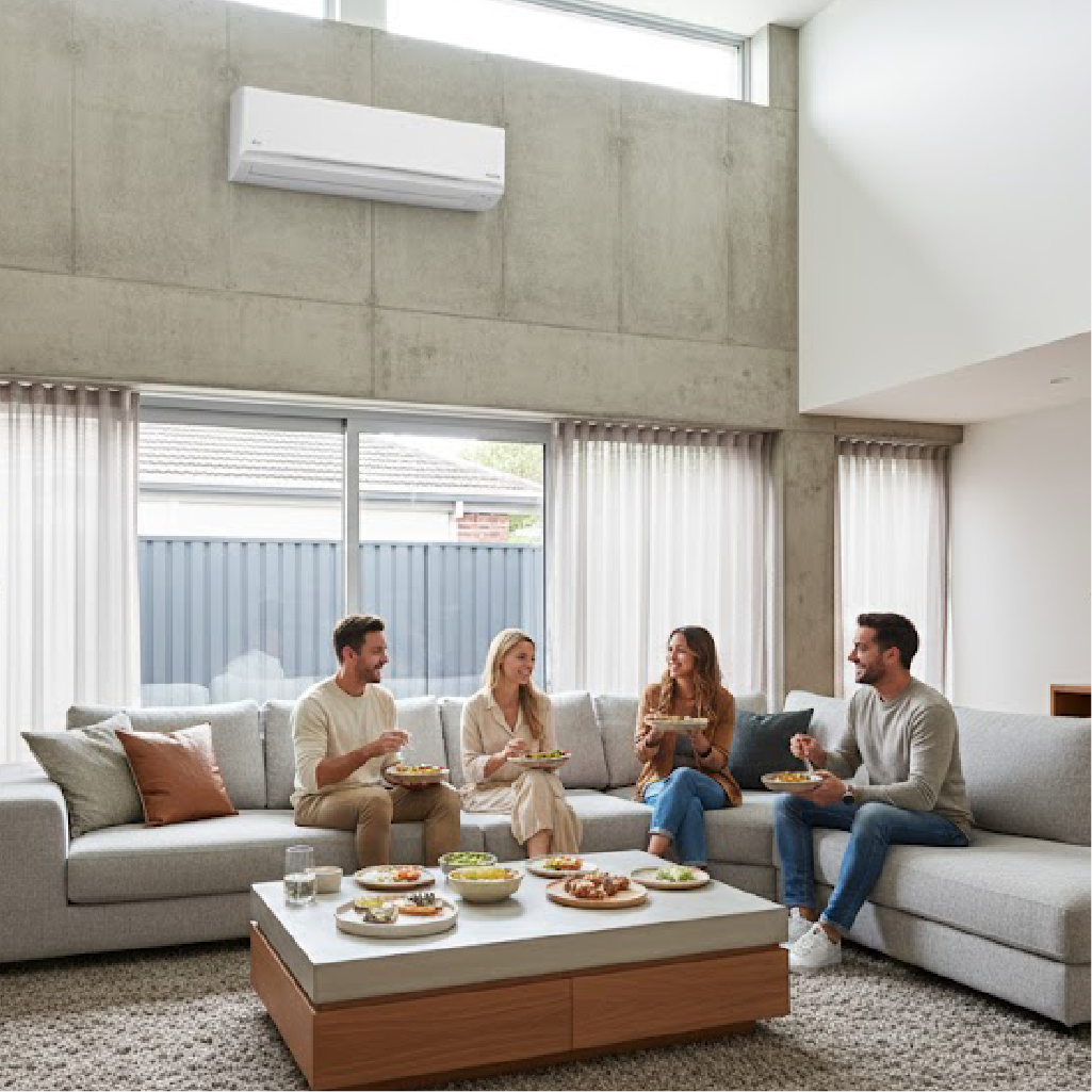 Four friends laughing and eating together on a gray sectional sofa in a modern industrial living room with high concrete walls and a wall mounted air conditioner.