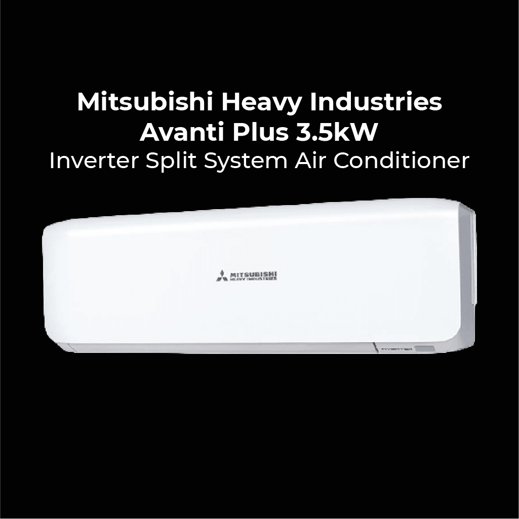 Mitsubishi Heavy Industries Avanti Plus 3.5kW Inverter Split System Air Conditioner. White wall-mounted unit on black background with product text.