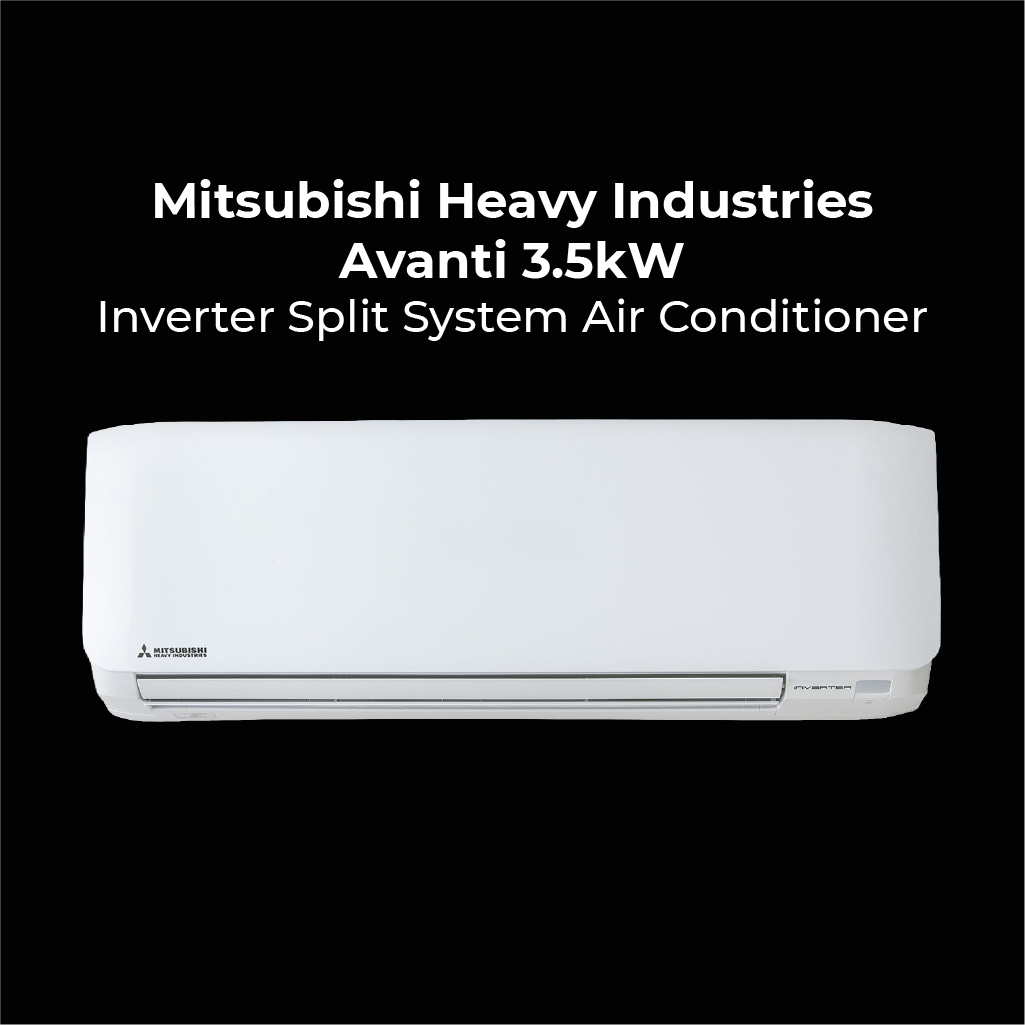 Mitsubishi Heavy Industries Avanti 3.5kW Inverter Split System Air Conditioner. Minimalist white indoor unit with Mitsubishi logo and "Inverter" branding.
